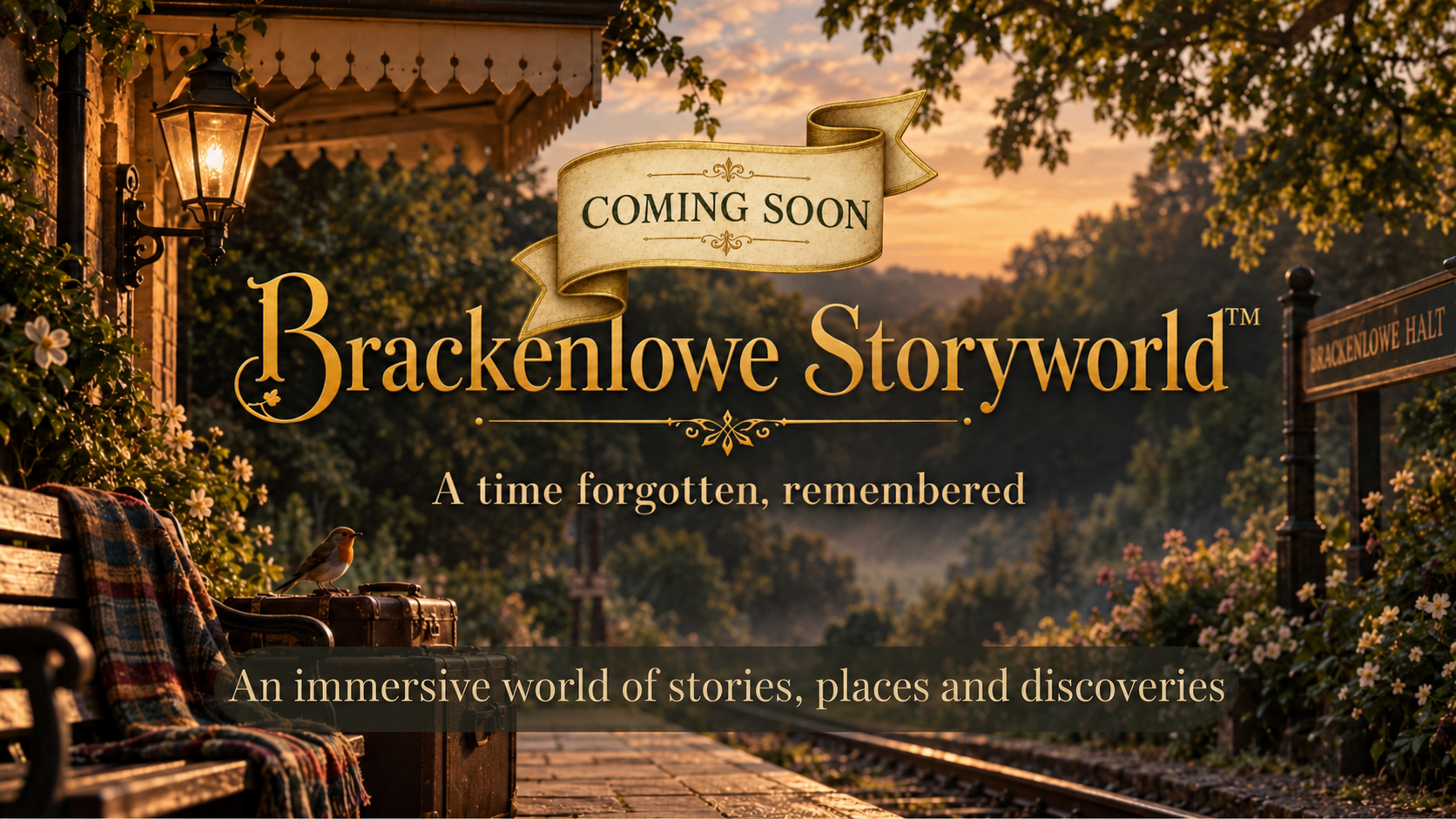 Coming soon: Brackenlowe Storyworld. A time forgotten, remembered. An immersive world of stories, places and discoveries. A lamplit railway platform at sunset.